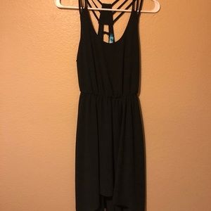 Strappy black high-low fit & flare dress